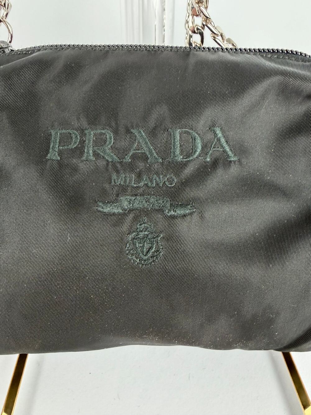 Prada Tessuto Nylon Chain Shoulder Bag Black Silver Hardware Small Zip Pouch